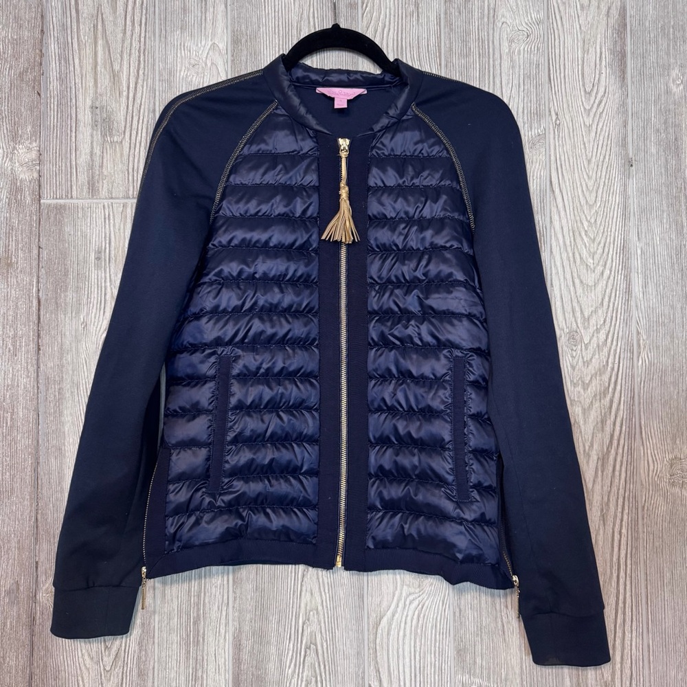 Lilly Pulitzer Navy Puffer Jacket with Gold Tassel Details